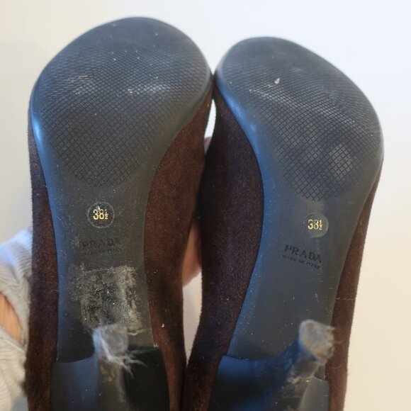 Womens Prada Brown Black Suede Patent Leather Capped Toe Heels Pumps 38.5 US/8.5 - Picture 11 of 16